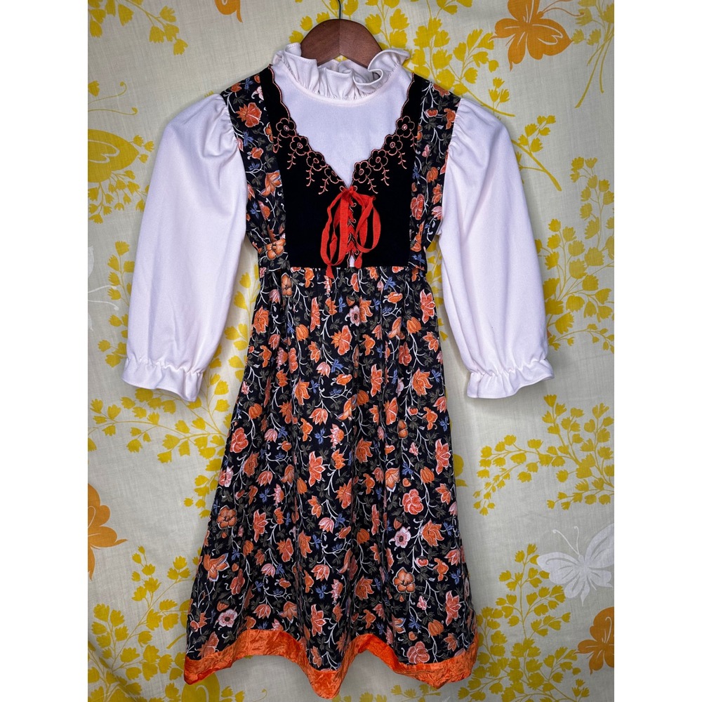 Vintage Kids Floral Fairytale Cottagecore Milkmaid Costume Dress Orange Black 12